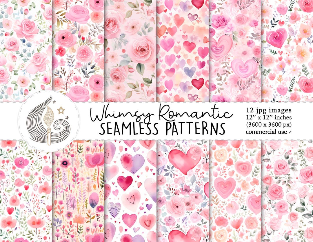 Cool Whimsy Patterns Whimsy Romantic Seamless Patterns: Heart & Rose Watercolor Valentine ...