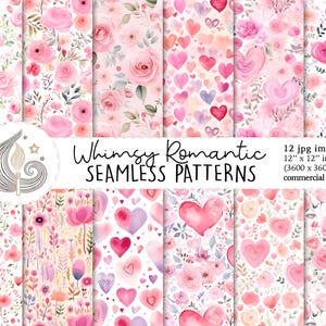 Motif romantique sans couture | Utilisation commerciale | Papier numérique sans couture pour la Saint-Valentin | Aquarelle coeur floral rose amour | Papier de scrapbooking