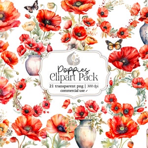 Clipart coquelicot aquarelle | Fleurs Coquelicots | Clipart floral de printemps | Utilisation commerciale | Graphiques PNG | Bouquets | Téléchargement numérique