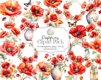 Watercolor Poppies Clipart Pack: Red Poppies and Botanical Elements (PNG)