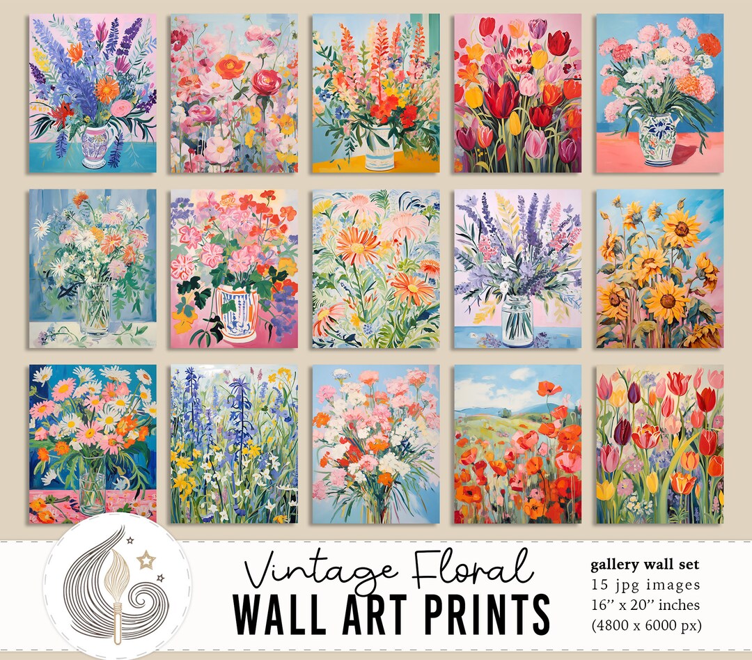 Vintage Floral Prints Set | Colorful Botanical Gallery Wall (digital ...