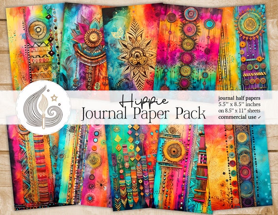 Hippie Junk Journal Pages: Bright Artistic Papers with Mandalas, Tribal Patterns, and Mixed Textures