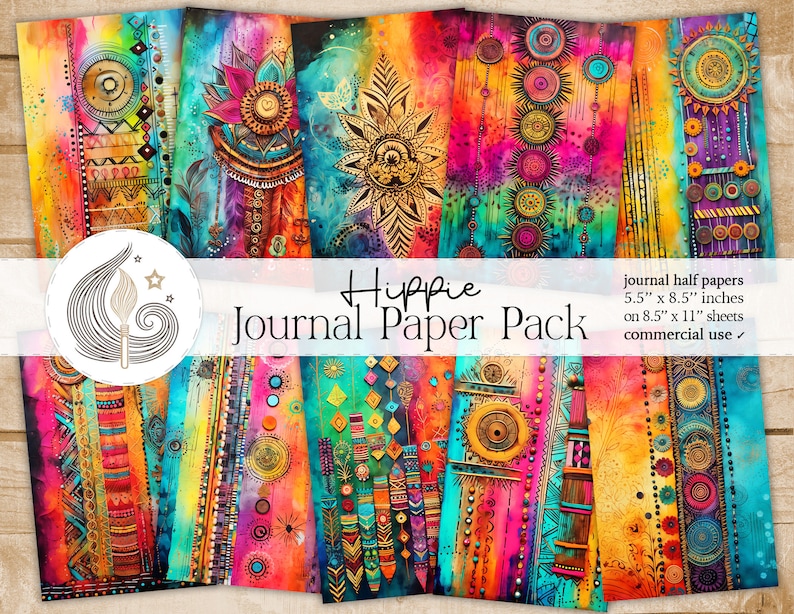 Hippie Junk Journal Pages: Bright Artistic Papers with Mandalas, Tribal Patterns, and Mixed Textures image 1