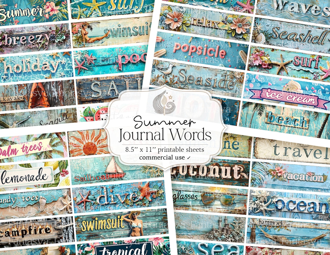 Printable Junk Journal Summer Words | Collage Sheet | Digital Journal ...