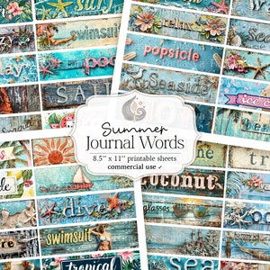 Printable Junk Journal Sommer Wörter | Collage Sheet | Digital Journal Words Ephemera | Scrapbooking | Etiketten | Stichworte