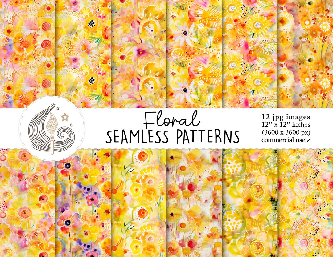 Floral Seamless Patterns: Yellow Flower Digital Paper Pack With Vibrant ...