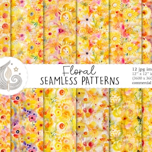 Seamless Floral Pattern | Commercial Use | Seamless Floral Digital Paper | Watercolor Yellow Flowers Background | Scrapbook Paper