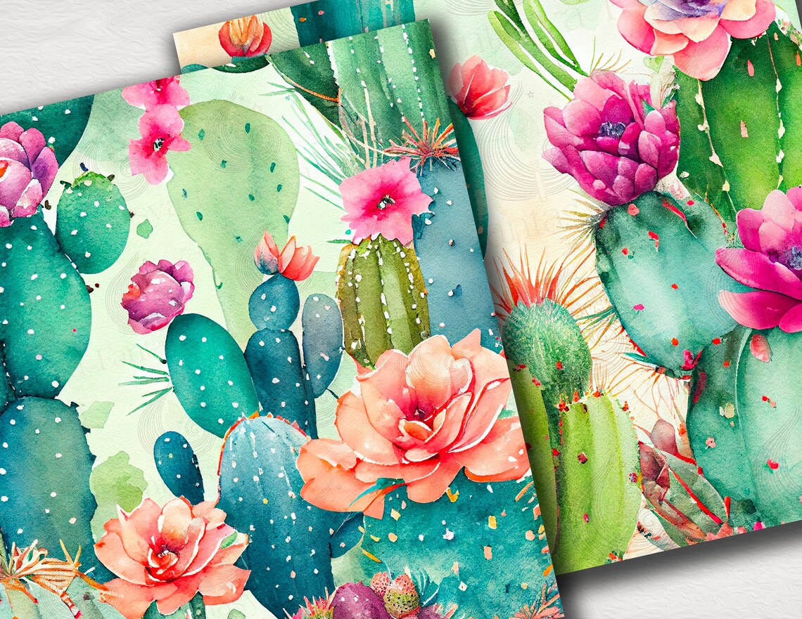 Cactus Digital Paper Pack: Watercolor Desert Plants & Succulent ...