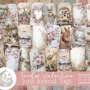 Tag per diario di San Valentino tenero / Animali romantici / Cuori floreali vintage / Scrapbooking / Artigianato / Fai da te / Effimere di San Valentino