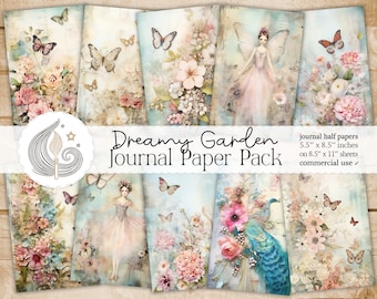 May include: A set of eight digital journal papers featuring a dreamy garden theme with butterflies, flowers, and a fairy. The papers are 5.5 inches by 8.5 inches and are designed for commercial use.