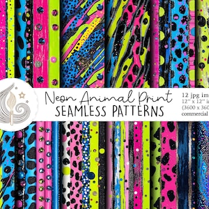 Seamless Neon Animal Print Pattern | Commercial Use | Digital Mixed Media Bold Vibrant Neon Leopard Zebra Cheetah Glitter | Scrapbook Paper