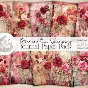 Kit romântico gasto de diário de lixo | Rosas rosa vermelhas vintage | Páginas de lixo eletrônico | Papel para álbum de recortes | Fabricação de cartões | Artesanato | Colagem