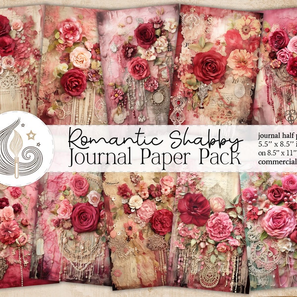 Romantic Shabby Junk Journal Kit | Vintage Red Pink Roses | Junk Journal Pages | Scrapbook Paper | Card Making | Crafts | Collage