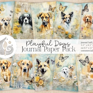 Pagine di diario spazzatura / Cani giocosi / Primavera / Farfalle / Carta per album digitali per cani / Uso commerciale / Artigianato con la carta / Creazione di carte