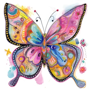 Puede incluir: Ilustraci&oacute;n acuarela vibrante de una mariposa con patrones intrincados y una paleta colorida. La mariposa presenta tonos de amarillo, naranja, rosa, azul y morado, con contornos negros y bordes punteados. Peque&ntilde;as flores y estrellas est&aacute;n dispersas.
