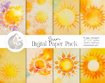 Sun Digital Paper Pack: Watercolor Sunshine Backgrounds in Warm Summer ...