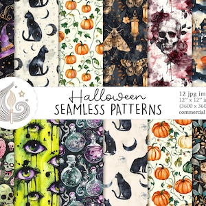 Nahtloses Halloween-Muster | Kommerzielle Nutzung | Nahtloses Halloween Digitales Papier | Hexen Schädel Katzen Kürbisse Motten Eulen | Scrapbook-Papier