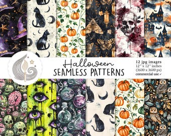 Halloween Seamless Patterns: Spooky Watercolor Digital Paper Pack with Cats, Pumpkins & Skulls