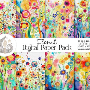Pacchetto di carta digitale con fiori colorati astratti / Sfondo floreale acquerello / Mestiere con la carta / Scrapbooking / Creazione di cartoline / Uso commerciale