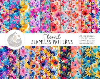 Floral Seamless Patterns: Bold Watercolor Flower Digital Paper Pack in ...