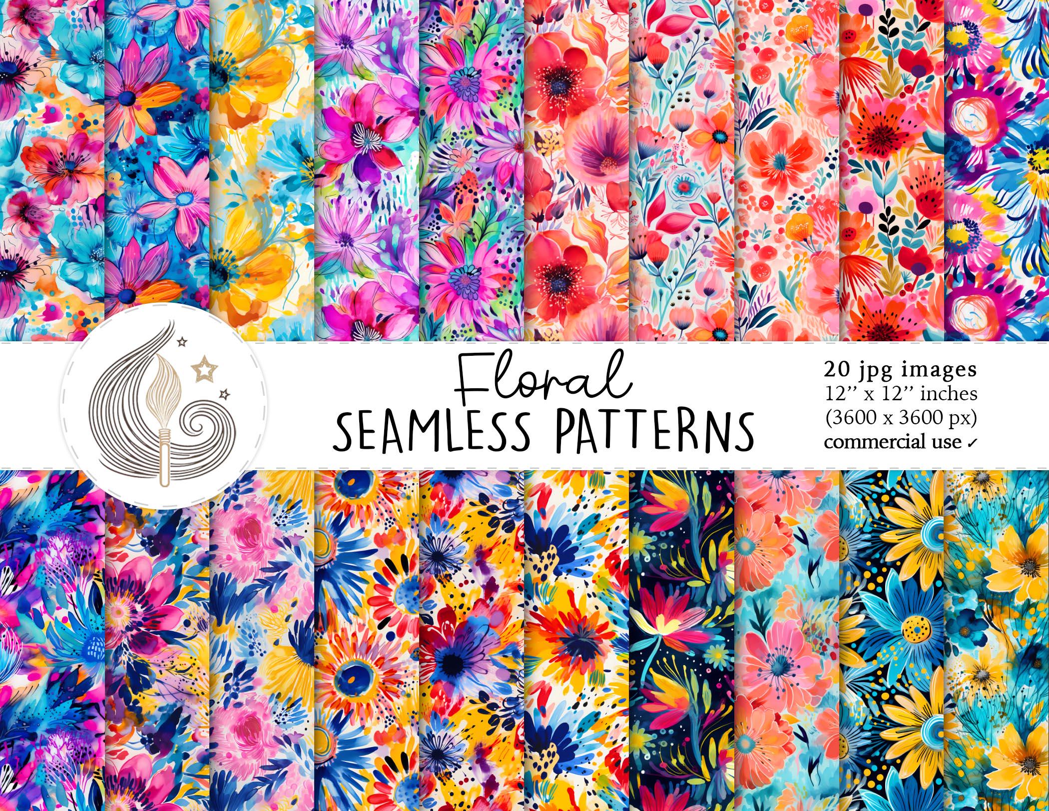 Floral Seamless Patterns: Bold Watercolor Flower Digital Paper Pack in ...