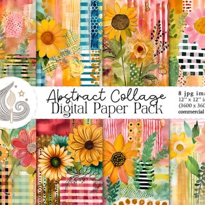Papel digital de collage abstracto / Uso comercial / Papel para álbumes de recortes / Arte con técnica mixta / Fondo / Girasol / Rayas / Caprichoso