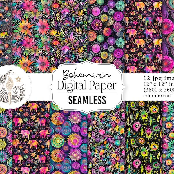 Bohemian Seamless Pattern | Boho Digital Paper | Watercolor Floral Repeating Pattern | Commercial Use | Ethnic | Indian | Gipsy | Hippie