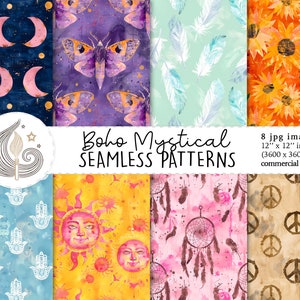 Patrón místico bohemio sin costuras / Uso comercial / Papel digital bohemio sin costuras / Boho retro hippie gitano espiritual / Papel para álbumes de recortes