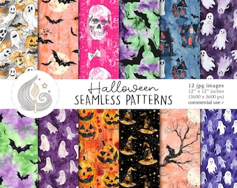 Halloween Seamless Patterns: Gothic Digital Paper Pack with Skulls and Bat Illustrations