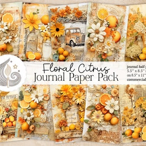 May include: A set of 6 digital papers featuring floral and citrus designs in shades of yellow, orange, and white. The papers are 5.5 inches by 8.5 inches and are designed for use in journals. The papers are for commercial use.