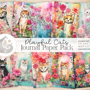 Demi-pages de journal indésirable pour chats ludiques | Papier journal pour animaux de compagnie chats imprimable | Fleurs | Coloré | Papier de scrapbooking pour chats | Téléchargement numérique