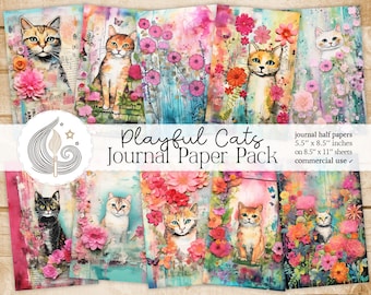 May include: A set of eight digital journal papers featuring playful cats in a colourful floral setting. Each paper measures 5.5 inches by 8.5 inches and is designed for use on 8.5 inches by 11 inches sheets. The papers are for commercial use.