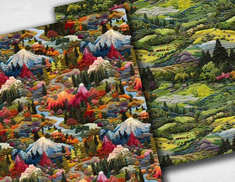Embroidered Landscape Seamless Patterns: Scenic Nature Digital Paper ...