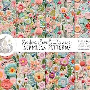 Nahtloses florales Stoffmuster | Kommerzielle Nutzung | 3d sich wiederholendes digitales Papier | Gestickte Blumen-Textur | Basteln | Zum Selbermachen
