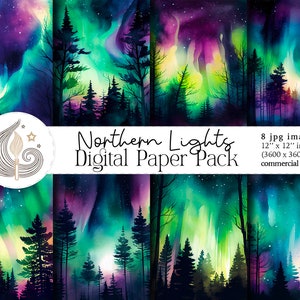 Nordlichter Digitales Papier | Aurora Borealis Hintergrund | Aquarell Nachthimmel | Aurora Digitales Papier | Nordischer Winter | Kommerzielle Nutzung