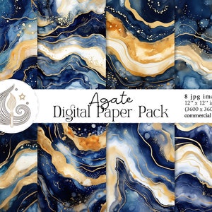 Achat Digital Papier | Marineblau und Goldachat-Aquarellmuster | Digitale Hintergründe | Bastelbedarf | Kommerzielle Nutzung