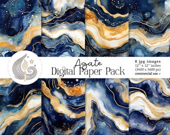 Agate Digital Paper | Navy Blue And Gold Agate Watercolor Patterns | Digital Backgrounds | DIY Craft Supplies | Commercial Use