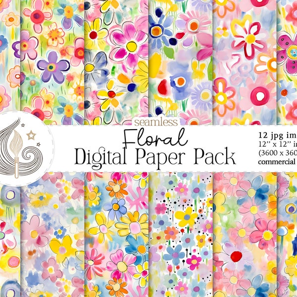 Watercolor Flower Seamless Pattern | Preppy Floral Digital Paper Pack | Handpainted | Commercial Use | Scrapooking | Fabric Design