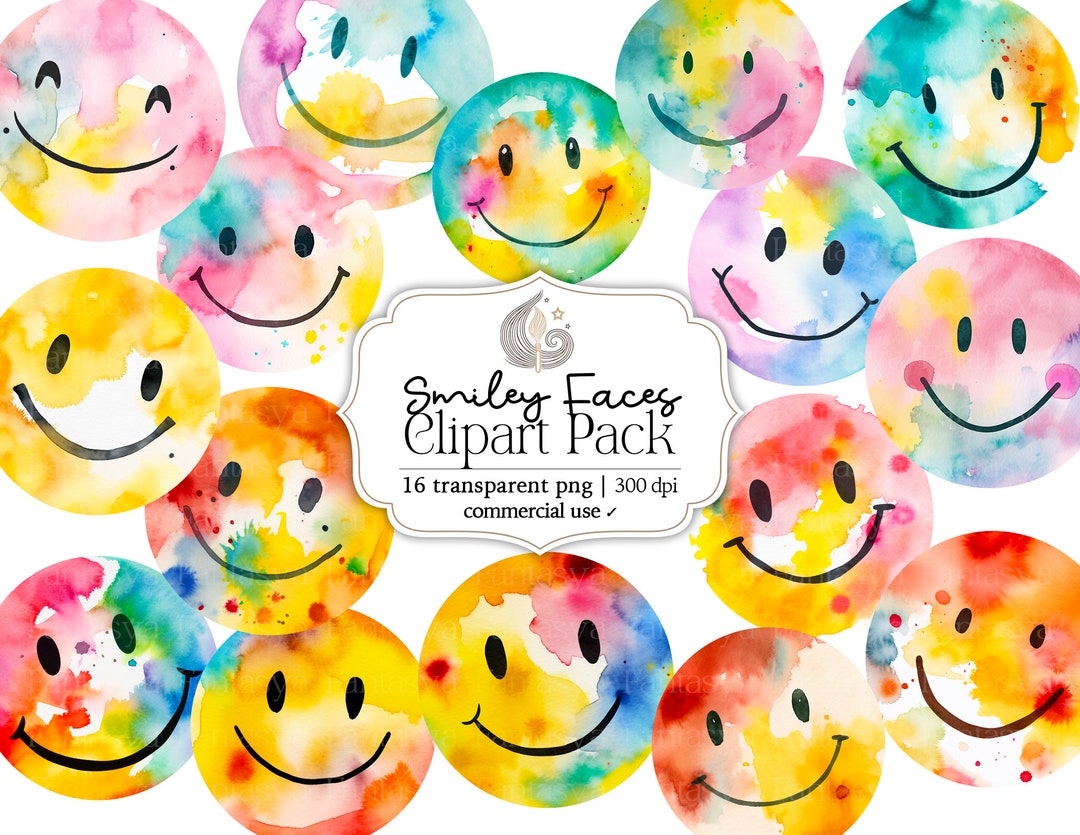 Watercolor Smiley Faces Clipart Pack: Colorful Happy Faces (PNG) - Etsy