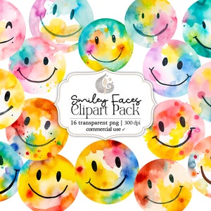 Aquarelle Smiley Faces Clipart | Utilisation commerciale | Téléchargement numérique | Smiley | Emoji visage heureux | Graphiques Emoji colorés