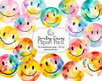 Aquarell Smiley Gesichter Clipart | Kommerzielle Nutzung | Digitaler Download | Smiley Gesicht Png | Glückliches Gesicht Emoji | Bunte Emoji Grafiken