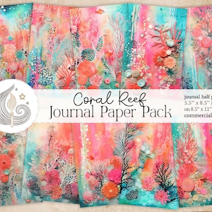 Könnte beinhalten: Ein Set aus sechs farbenfrohen digitalen Papieren mit einem Korallenriff-Motiv. Die Papiere sind 5,5 Zoll mal 8,5 Zoll groß und für die Verwendung in Tagebüchern konzipiert. Die Papiere werden auf 8,5 Zoll mal 11 Zoll großen Blättern gedruckt.