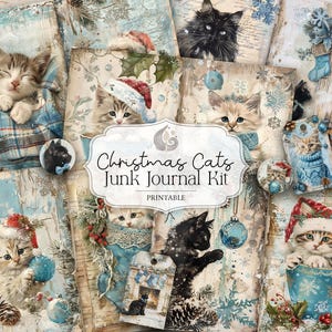 Kit de carnet bleu pour chats de Noël | vintage éphémères des Fêtes | Pages imprimables Cosy Kitten | Art de chat de Noël | Album | Artisanat