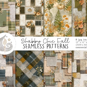 Può includere: Una collezione di otto motivi digitali senza cuciture a tema Shabby Chic Autunno. I motivi presentano un collage di texture, tra cui plaid, composizioni floreali e carta invecchiata. La tavolozza dei colori comprende verdi tenui, arancioni e creme. Il testo "Shabby Chic Fall SEAMLESS PATTERNS" è incluso.