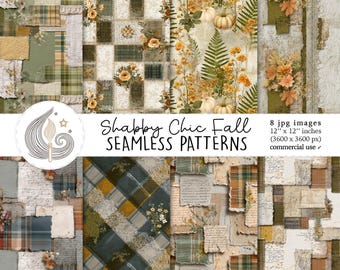 Padrões sem costura de outono em estilo shabby chic: Pacote de papéis digitais cottagecore com abóboras e xadrez.