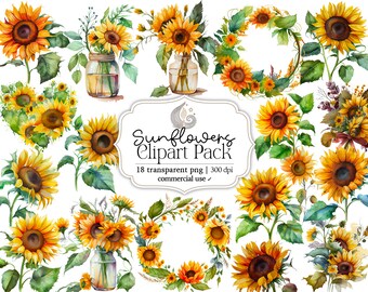 Watercolor Sunflowers Clipart Pack: Sunflowers and Rustic Florals (PNG)