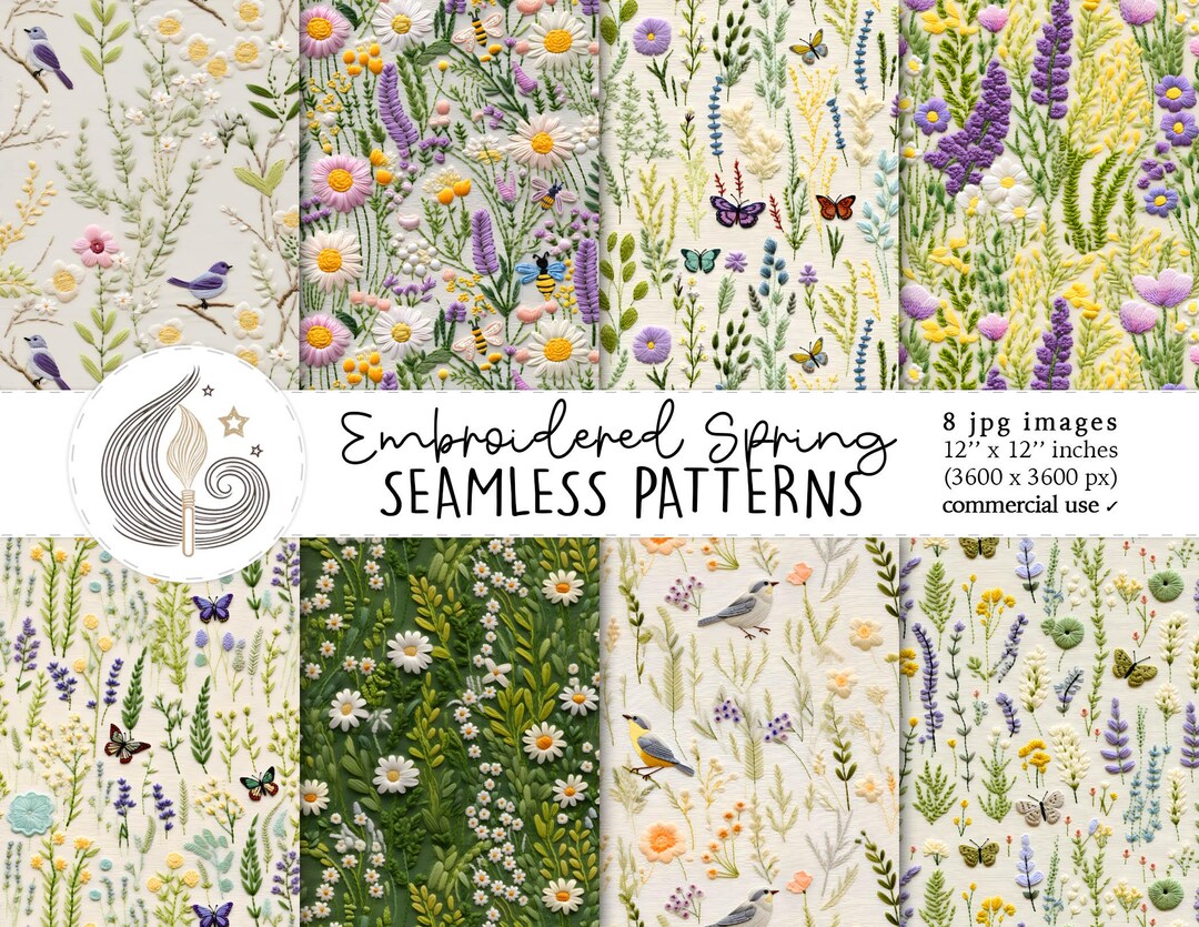 Embroidered Spring Seamless Patterns: Cottage Garden Digital Paper Pack ...