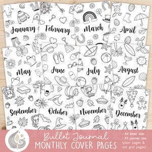 Pagine di copertina mensili Bullet Journal / Inserti per planner stagionali / Pagine del titolo di 12 mesi / Copertine Bujo stampabili A4 e A5 / Pdf da colorare