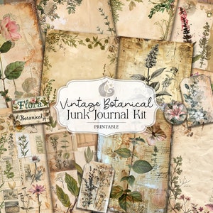 Vintage botanische junk-dagboekkit | Afdrukbare kruidendagboekpagina's | Tuinverschijnselen | Digitale download | Plant | Natuur | Bloemen