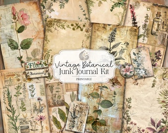 Vintage Botanical Junk Journal Kit: Antique Floral Collage Printable Pages & Ephemera